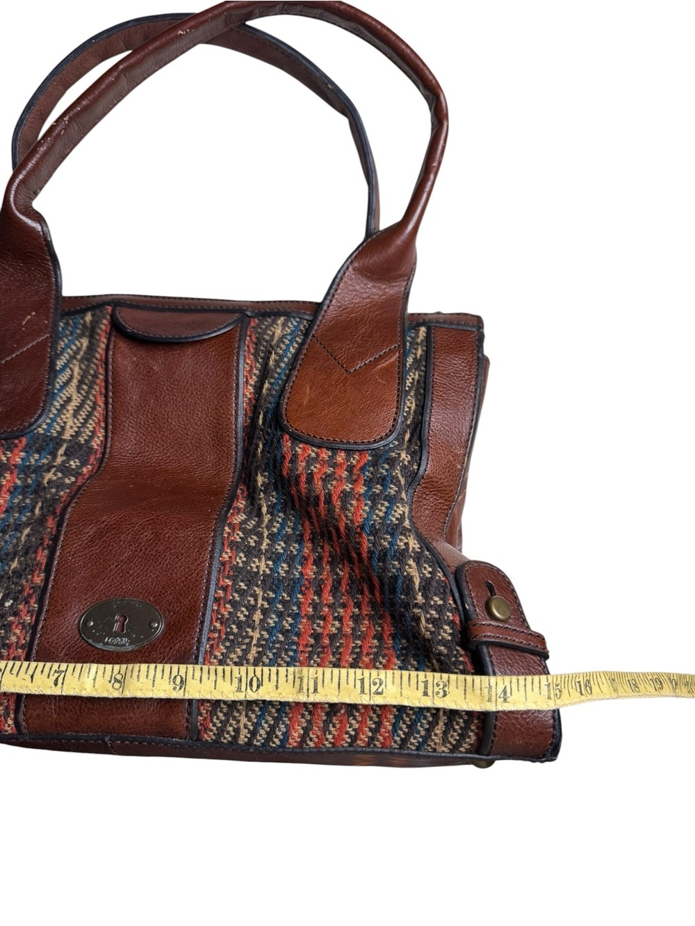 VINTAGE Fossil Key-Per Large Leather Multicolor Tweed Satchel Tote Bag - Picture 9 of 10